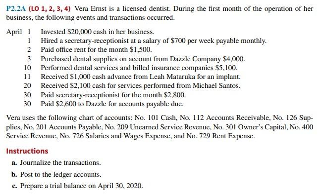 P2 2a Lo 1 2 3 4 Vera Ernst Is A Licensed Dentist During The First Month Of The Operation Of Her Business The Fol 1
