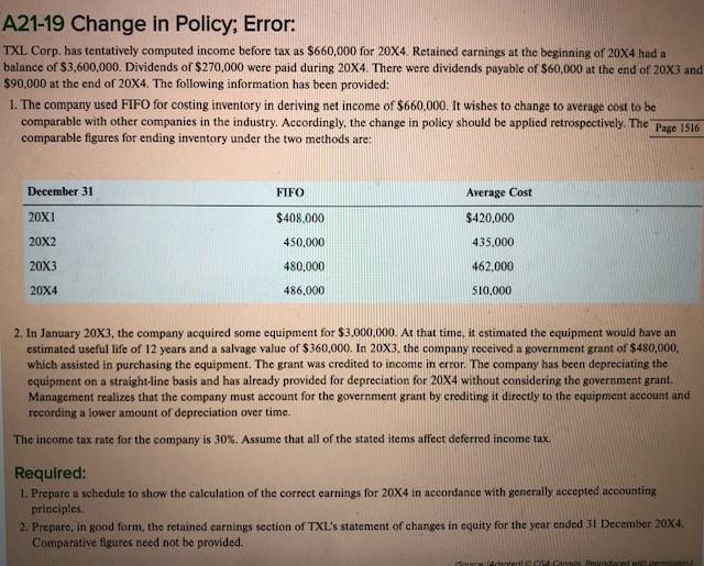 A21 19 Change In Policy Error Txl Corp Has Tentatively Computed Income Before Tax As 660 000 For 20x4 Retained Carn 1