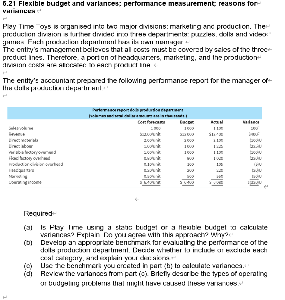 6 21 Flexible Budget And Varlances Performance Measurement Reasons For Variances Play Time Toys Is Organised Into Two 1