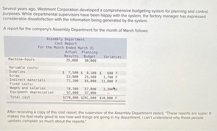 Several Years Ago Westmont Corporation Developed A Comprehensive Budgeting System For Planning And Control Purposes Wh 1