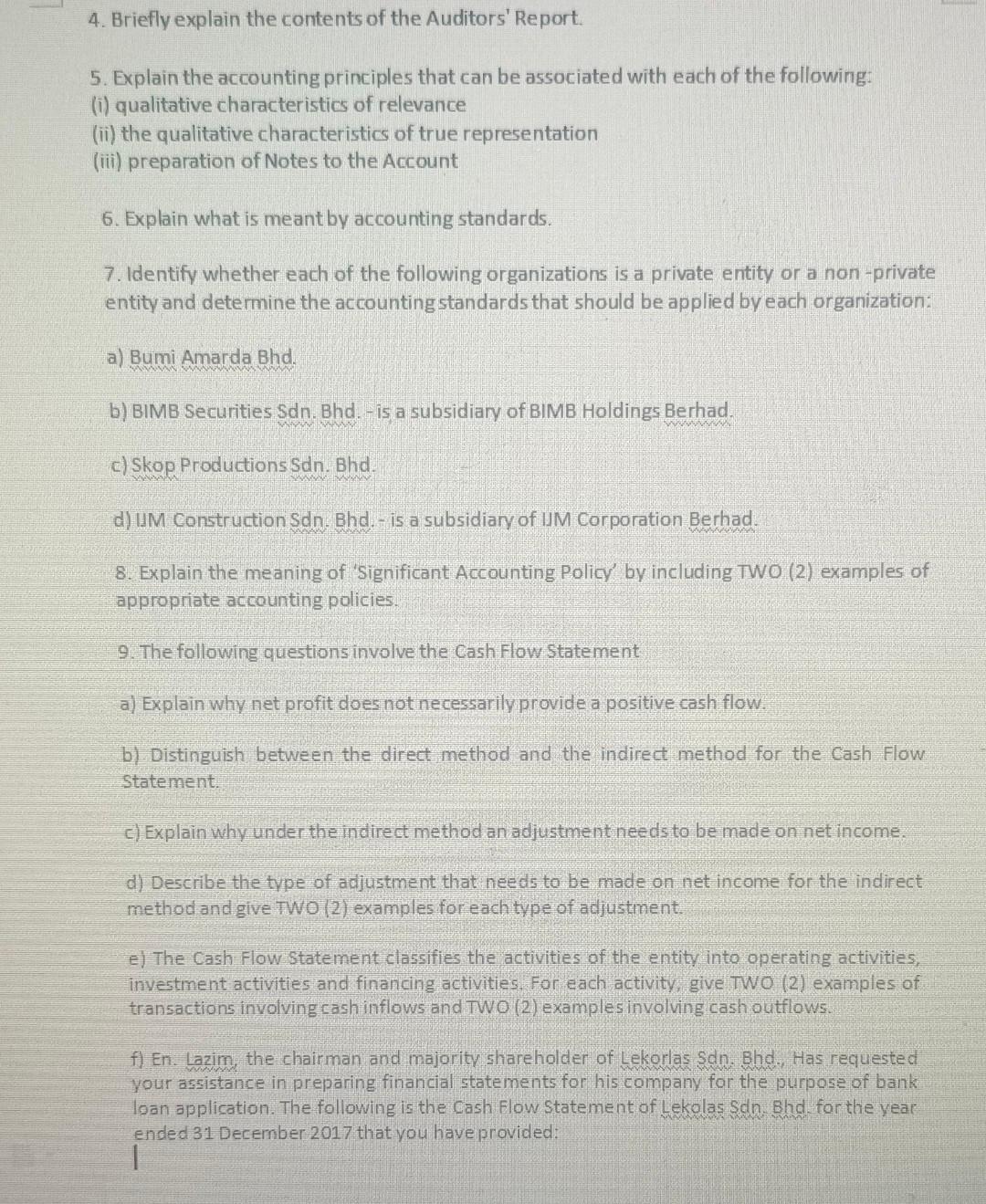 4 Briefly Explain The Contents Of The Auditors Report 5 Explain The Accounting Principles That Can Be Associated Wit 1