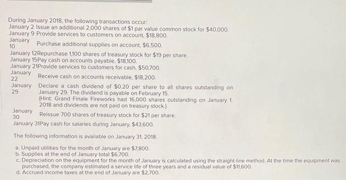 S On January 1 2018 The General Ledger Of Grand Finale Fireworks Includes The Following Account Balances Debit Credit 2