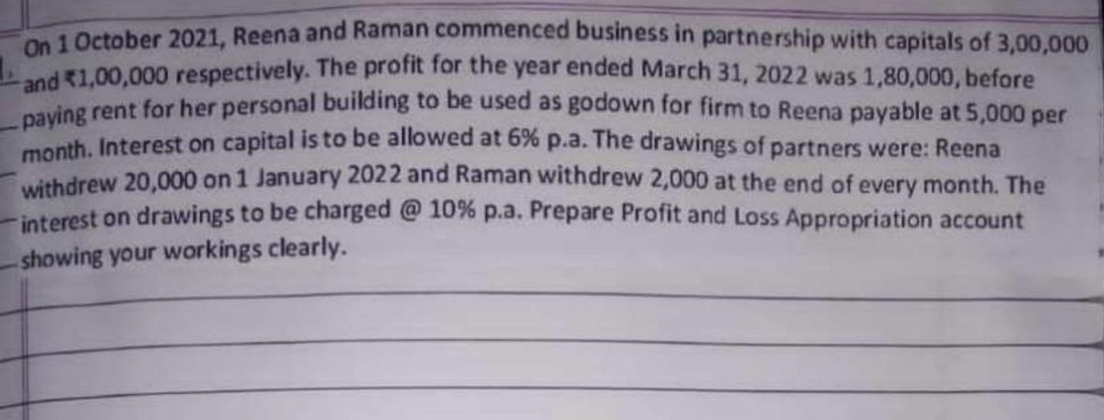 On 1 October 2021 Reena And Raman Commenced Business In Partnership With Capitals Of 3 00 000 And 1 00 000 Respectively 1