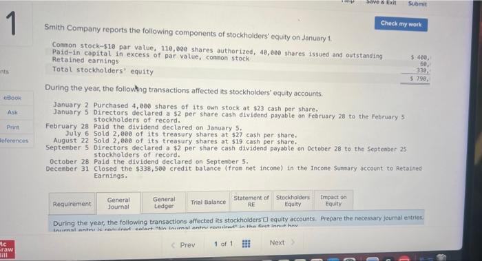 1 Nts Ebook Ask Print References Mc Raw Will Smith Company Reports The Following Components Of Stockholders Equity On 1