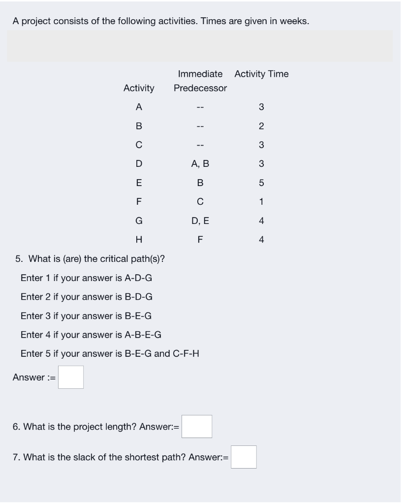 A Project Consists Of The Following Activities Times Are Given In Weeks Activity A B C D E F G H Answer Immediate A 1