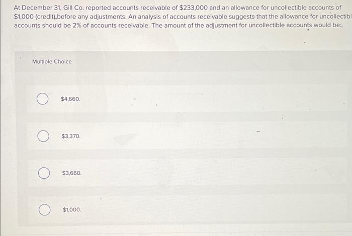 At December 31 Gill Co Reported Accounts Receivable Of 233 000 And An Allowance For Uncollectible Accounts Of 1 000 1