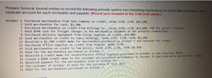 Prepare General Journal Entries To Record The Following Periodic System Merchandising Transactions For Safety Merchandis 1