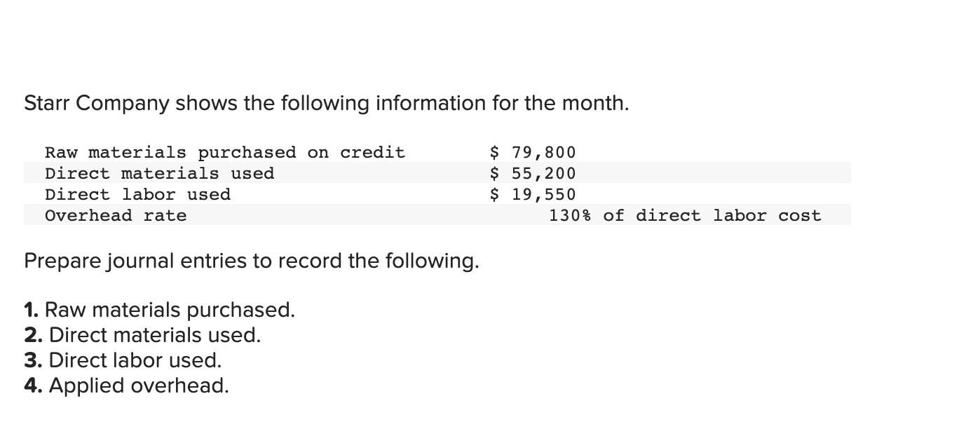 Starr Company Shows The Following Information For The Month Raw Materials Purchased On Credit Direct Materials Used Dir 1