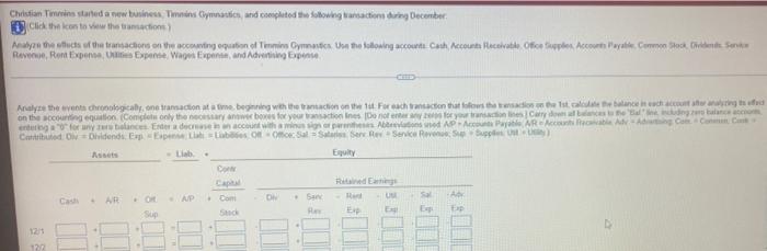 Christian Timmins Started A New Business Timmins Gymnastics And Completed The Following Transactions During December C 1