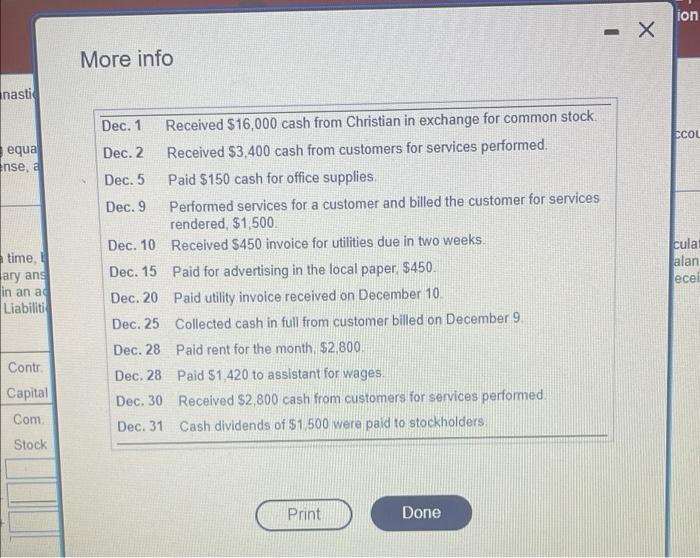 Christian Timmins Started A New Business Timmins Gymnastics And Completed The Following Transactions During December C 2