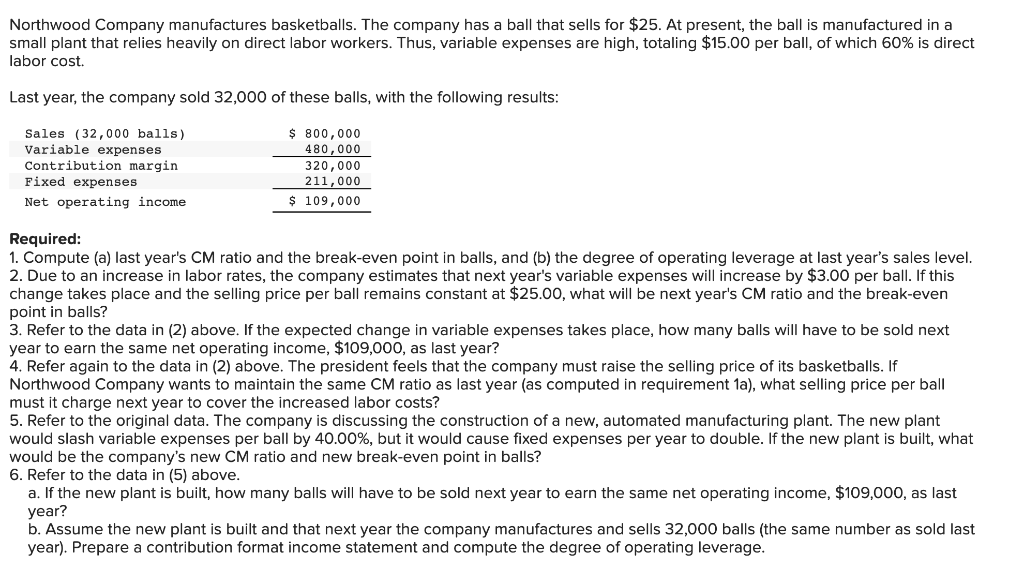 Northwood Company Manufactures Basketballs The Company Has A Ball That Sells For 25 At Present The Ball Is Manufactu 1