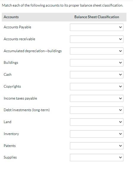 Match Each Of The Following Accounts To Its Proper Balance Sheet Classification Accounts Accounts Payable Accounts Rece 1