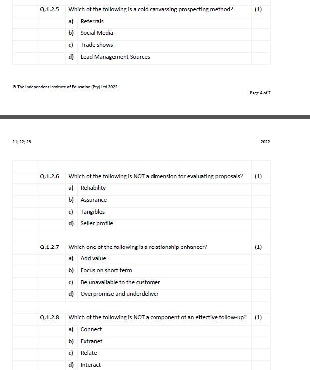 Q 1 2 5 21 22 23 The Independent Institute Of Education Pty Ltd 2022 Which Of The Following Is A Cold Canvassing Pro 1