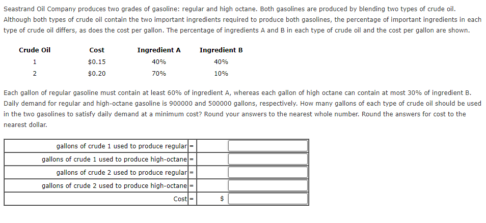 Seastrand Oil Company Produces Two Grades Of Gasoline Regular And High Octane Both Gasolines Are Produced By Blending 1