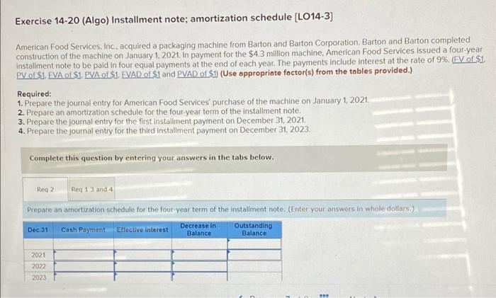Exercise 14 20 Algo Installment Note Amortization Schedule Lo14 3 American Food Services Inc Acquired A Packagin 1