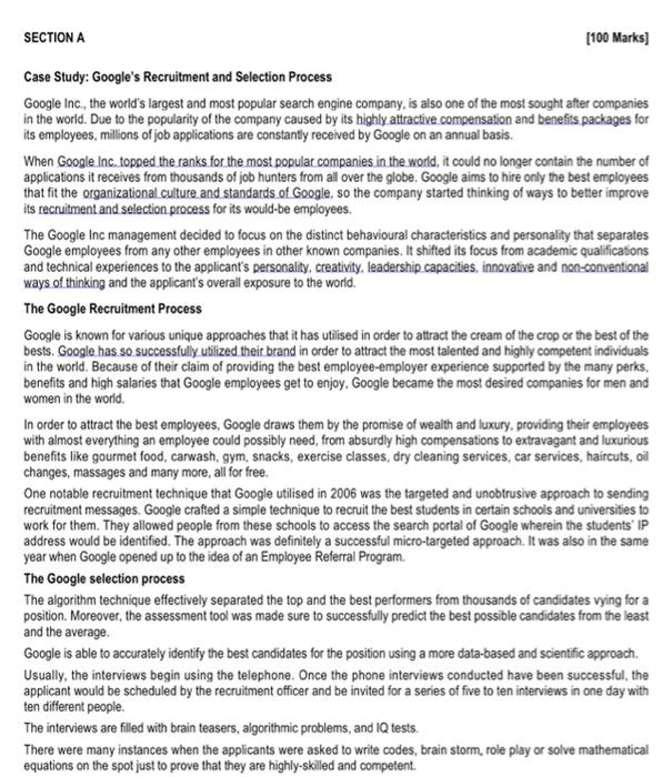 Section A 100 Marks Case Study Google S Recruitment And Selection Process Google Inc The World S Largest And Most P 1