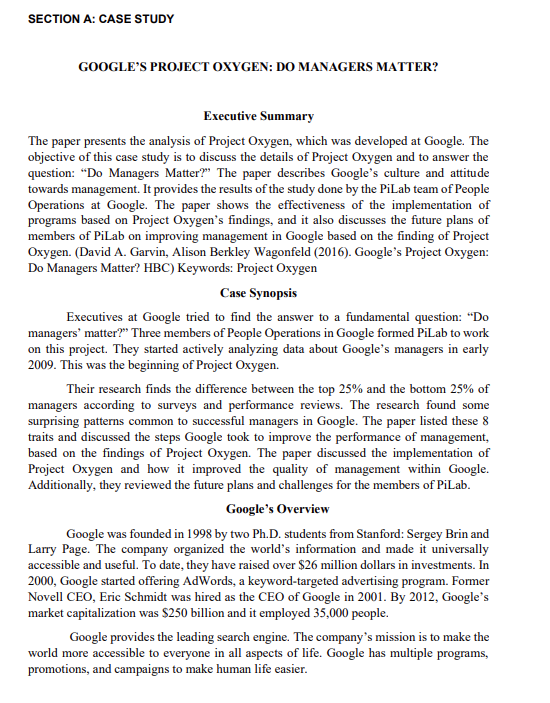 Section A Case Study Google S Project Oxygen Do Managers Matter Executive Summary The Paper Presents The Analysis Of 1