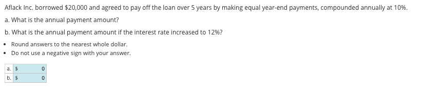 Aflack Inc Borrowed 20 000 And Agreed To Pay Off The Loan Over 5 Years By Making Equal Year End Payments Compounded A 1