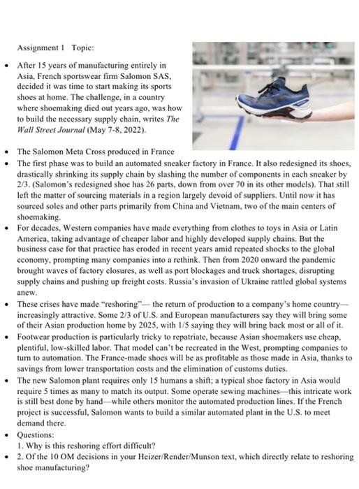 Assignment 1 Topic After 15 Years Of Manufacturing Entirely In Asia French Sportswear Firm Salomon Sas Decided It W 1