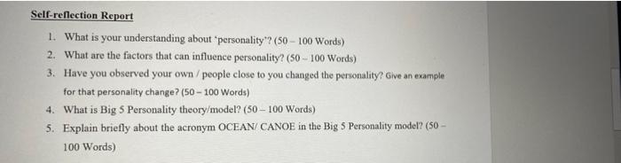 Self Reflection Report 1 What Is Your Understanding About Personality 50 100 Words 2 What Are The Factors That Ca 1