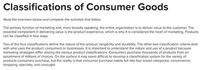 Classifications Of Consumer Goods Read The Overview Below And Complete The Activities That Follow The Primary Function 1