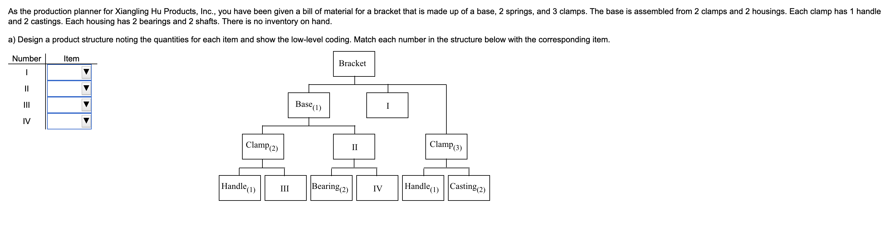 As The Production Planner For Xiangling Hu Products Inc You Have Been Given A Bill Of Material For A Bracket That Is 1