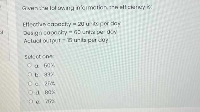 Of Given The Following Information The Efficiency Is Effective Capacity 20 Units Per Day Design Capacity 60 Units P 1