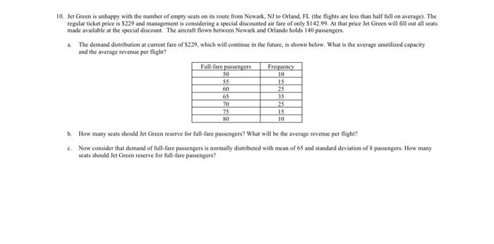 10 Jet Green Is Unhappy With The Number Of Empty Seats On Its Route From Newark Nj To Orland Fl The Flights Are Less 1