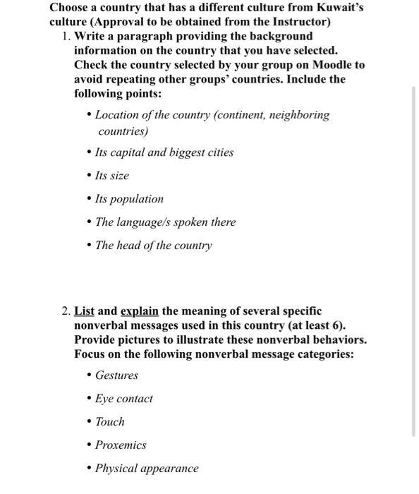 Choose A Country That Has A Different Culture From Kuwait S Culture Approval To Be Obtained From The Instructor 1 Wri 1