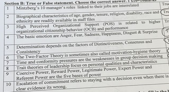 Section B True Or False Statement Choose The Correct Answer 1 Mintzberg S 10 Manager S Roles Linked To Their Jobs Are 1
