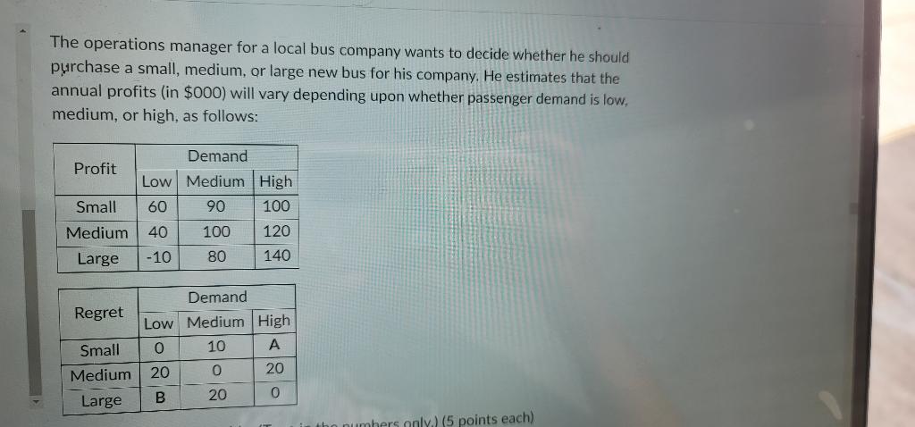The Operations Manager For A Local Bus Company Wants To Decide Whether He Should Purchase A Small Medium Or Large New 1