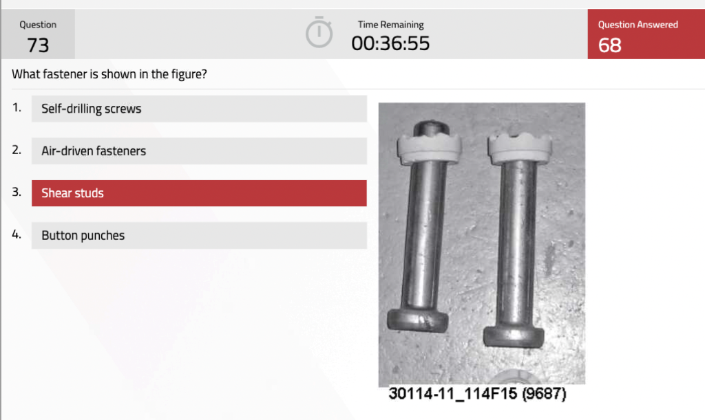 Question 73 What Fastener Is Shown In The Figure 1 Self Drilling Screws 2 3 Air Driven Fasteners Shear Studs 4 Butt 1