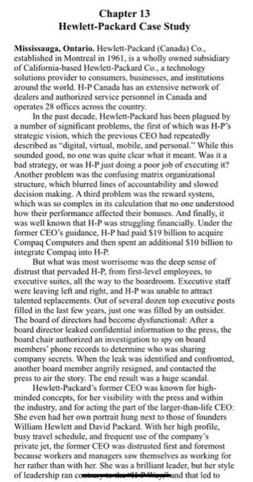 Chapter 13 Hewlett Packard Case Study Mississauga Ontario Hewlett Packard Canada Co Established In Montreal In 196 1