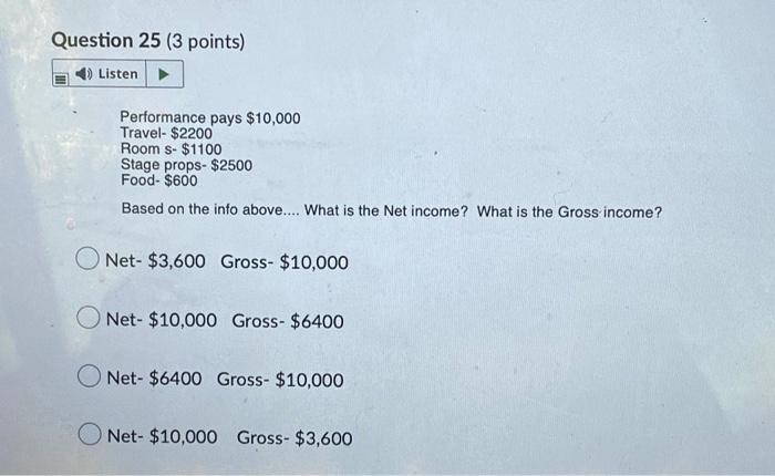 Question 25 3 Points Listen Performance Pays 10 000 Travel 2200 Room S 1100 Stage Props 2500 Food 600 Based 1
