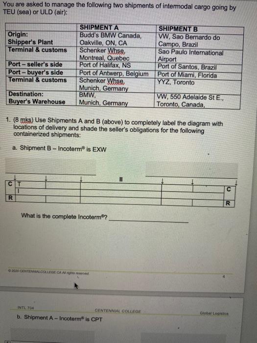 Centennial College Instructions Do Not Hand In Pg 1 4 The Incoterm In A Sales Contract Is Used To Allocate Costs An 5