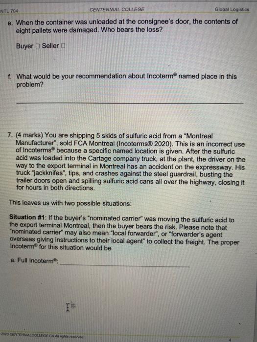 Centennial College Instructions Do Not Hand In Pg 1 4 The Incoterm In A Sales Contract Is Used To Allocate Costs An 10