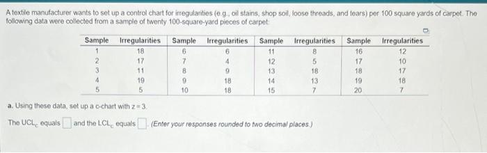 A Textile Manufacturer Wants To Set Up A Control Chart For Irregularities E G Oil Stains Shop Soil Loose Threads A 1