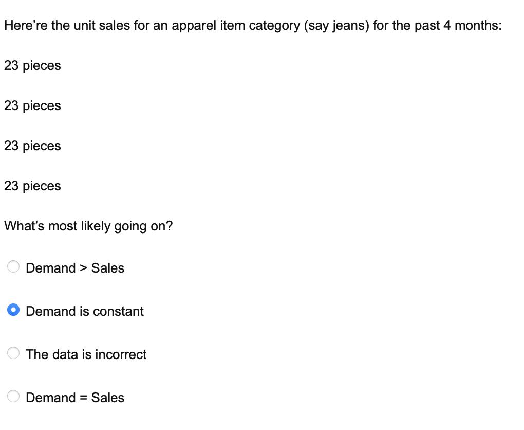 Here Re The Unit Sales For An Apparel Item Category Say Jeans For The Past 4 Months 23 Pieces 23 Pieces 23 Pieces 23 1