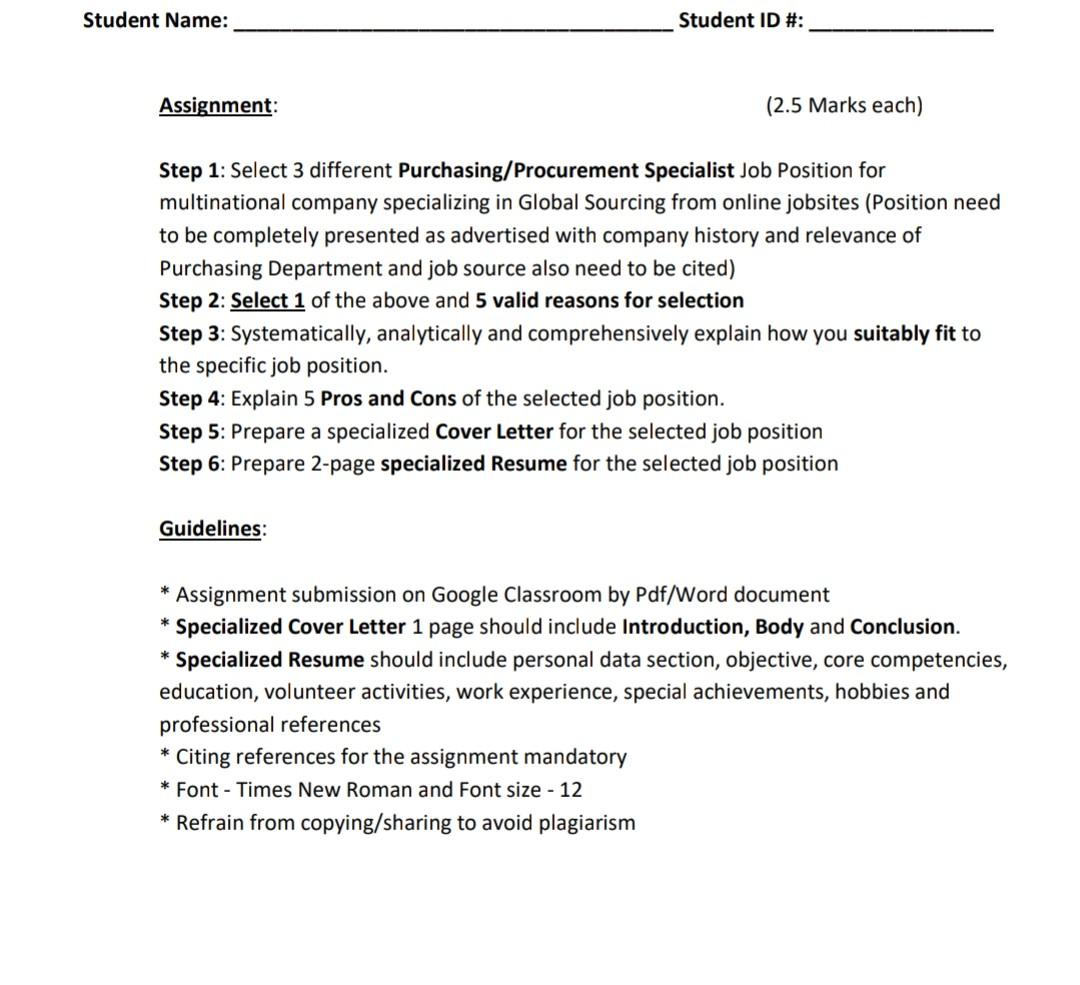 Student Name Assignment Student Id 2 5 Marks Each Step 1 Select 3 Different Purchasing Procurement Specialist Jo 1