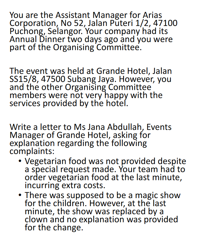 You Are The Assistant Manager For Arias Corporation No 52 Jalan Puteri 1 2 47100 Puchong Selangor Your Company Had 1