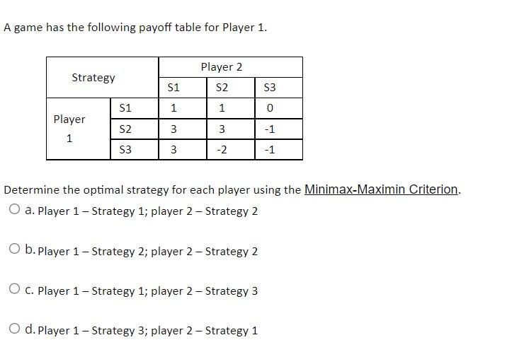 A Game Has The Following Payoff Table For Player 1 Strategy Player 1 S1 S2 S3 S1 1 3 3 Player 2 S2 1 3 2 S3 0 1 1 De 1