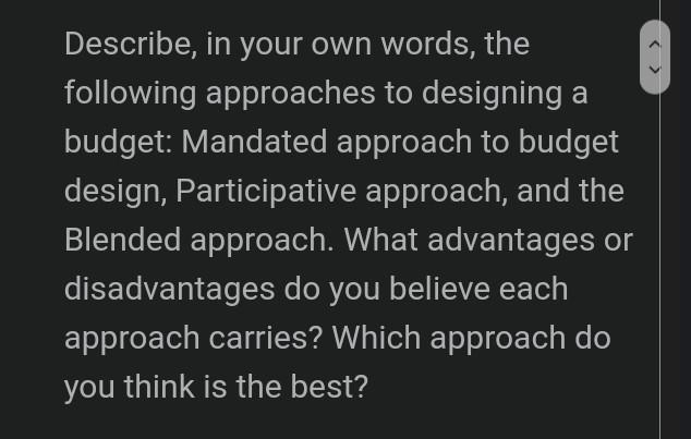 Describe In Your Own Words The Following Approaches To Designing A Budget Mandated Approach To Budget Design Partici 1