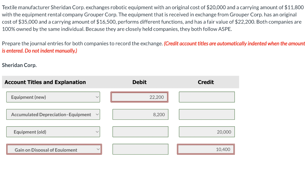 Textile Manufacturer Sheridan Corp Exchanges Robotic Equipment With An Original Cost Of 20 000 And A Carrying Amount O 1