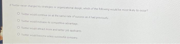 If Twitter Never Changed Its Strategies Or Organizational Design Which Of The Following Would Be Most Likely To Occur 1