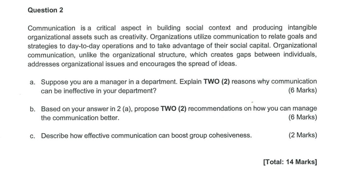 Question 2 Communication Is A Critical Aspect In Building Social Context And Producing Intangible Organizational Assets 2