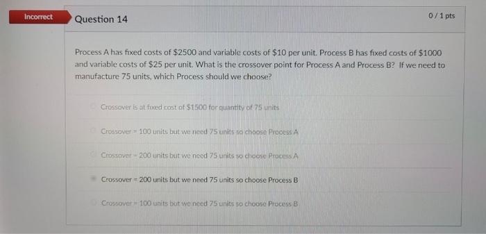 Incorrect Question 14 Process A Has Fixed Costs Of 2500 And Variable Costs Of 10 Per Unit Process B Has Fixed Costs O 1