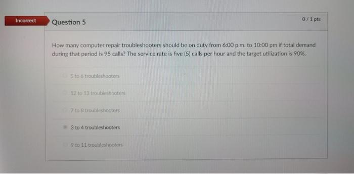 Incorrect Question 5 How Many Computer Repair Troubleshooters Should Be On Duty From 6 00 P M To 10 00 Pm If Total Dema 1