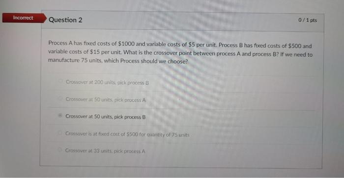 Incorrect Question 2 Process A Has Fixed Costs Of 1000 And Variable Costs Of 5 Per Unit Process B Has Fixed Costs Of 1