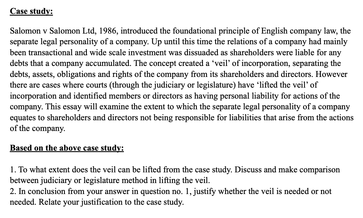 Case Study Salomon V Salomon Ltd 1986 Introduced The Foundational Principle Of English Company Law The Separate Lega 1