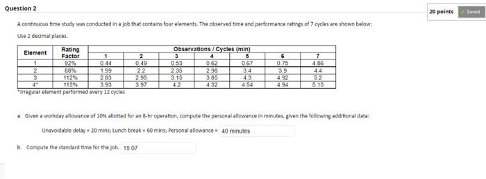 Question 2 A Continuous Time Study Was Conducted In A Job That Contains Four Elements The Observed Time And Performance 1